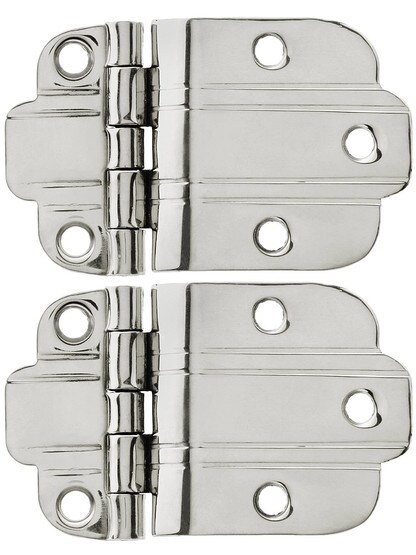 Pair of Solid Brass Deco-Style Offset Cabinet Hinges - 1 1/2 inch x 2 1/2 inch in Polished Nickel.